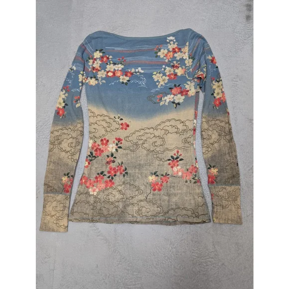 Lucky Brand Shirt Women's M Long Sleeve Tee Blue Beige Floral Japanese Y2K - Picture 2 of 5